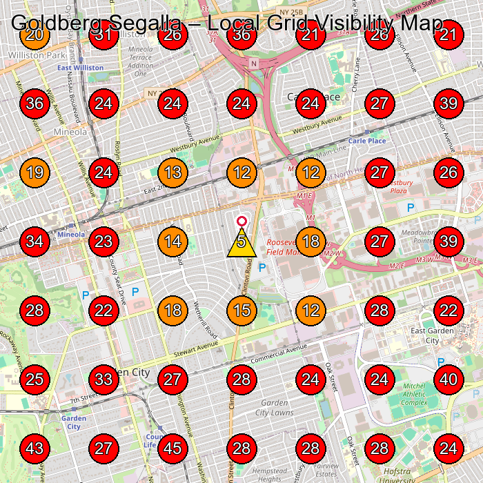 Goldberg Segalla GeoGrid visibility map for Law Firm in Mineola